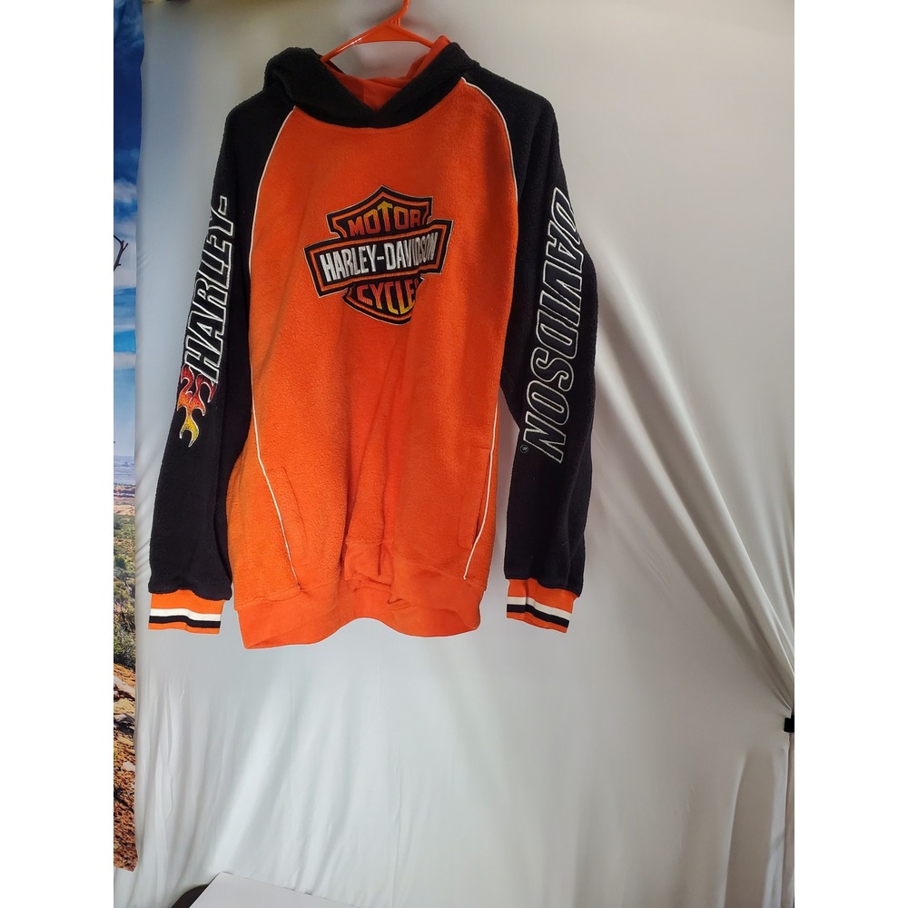 Harley-Davidson Fleece Hoodie Orange Black Flame Logo Pullover Boys XL 20